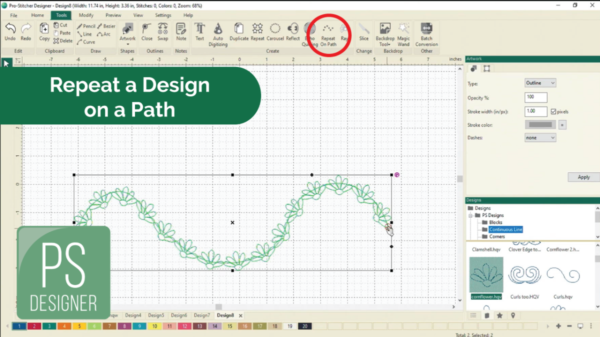 Repeat a Design on a Path - Pro-Stitcher
